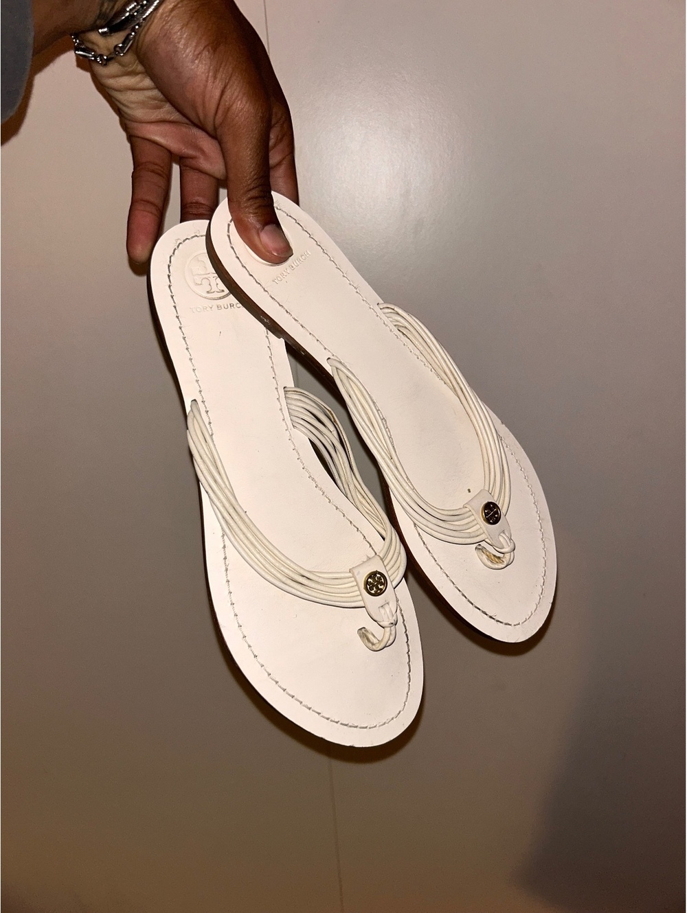 Tory Burch White Leather Thong Sandals